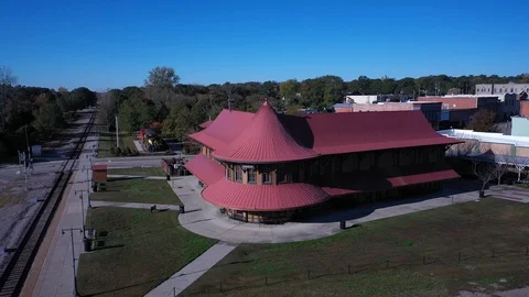 Slow pan around the old train depot Stock Footage 119704646
