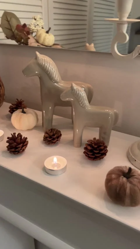 Slow Pan Autumn Decor Woven Pumpkin Candles Fireplace 9:16 Stock Footage 344763811