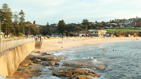 Slow pan of Bronte beach on a winters morning Stock Footage 90930504