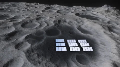 Slow pan down of Moon terrain with small solar farm generating electricity for Stock Footage 328997939