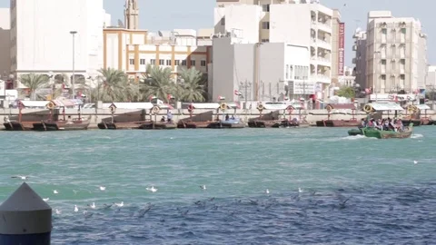Slow Pan of Dubai Canals and Ferries Stock Footage 80968600