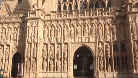 Slow pan of facade of Exeter Cathedral, is an Anglican cathedral Stock Footage 142323587