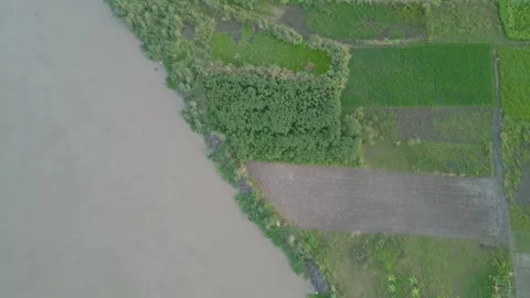 Slow Pan Flying over River edge showing flood Stock Footage 284828256