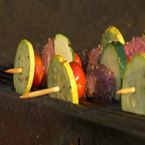 Slow Pan of Kabobs on the Grill, 4K Stock Footage 69468669