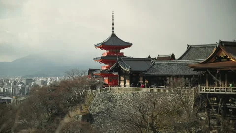 Slow Pan of Kiyomizudera Temple on Mountain over City Japan HD Stock Footage