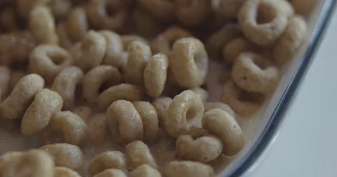 Slow pan macro shot of round cereal in milk Stock Footage 313161083