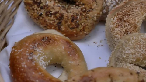Slow pan over close up of bagels Stock Footage 116689310