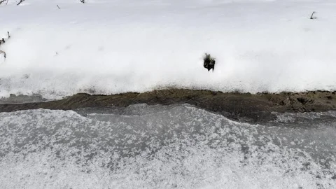 Slow Pan Over Frozen Stream Crack in Snowy Winter Landscape, Kazakhstan Stock Footage 329910148