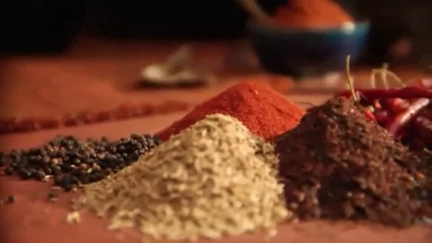 Slow pan over peppers and a mountain of mexican spices Stock Footage 102717743