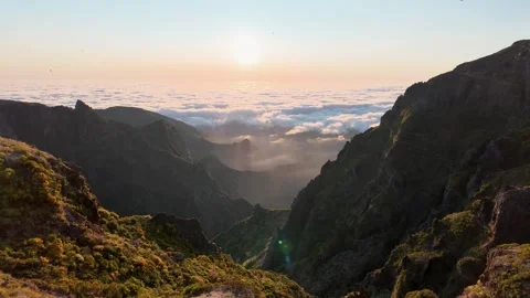 Slow Pan Over Sun Rays and Sea of Clouds, Pico do Arieiro, Madeira Stock Footage 340128053
