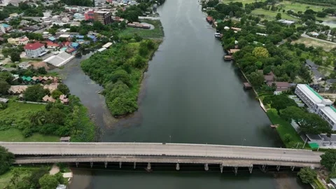 Slow pan up over wide river revealing skyline, mountains, jungle Video stock 248826176