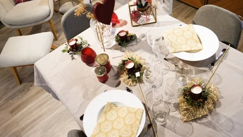 Slow pan overhead rotation view of arranged table with porcelain plates Stock Footage 119066912