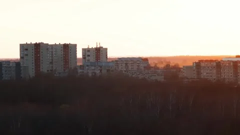 Slow pan of post Soviet concrete blocks at dusk, Eastern Europe Stock Footage 337264242