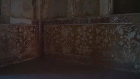Slow pan right of ancient floral wall paintings inside Agra Fort in India Stock Footage 343883919