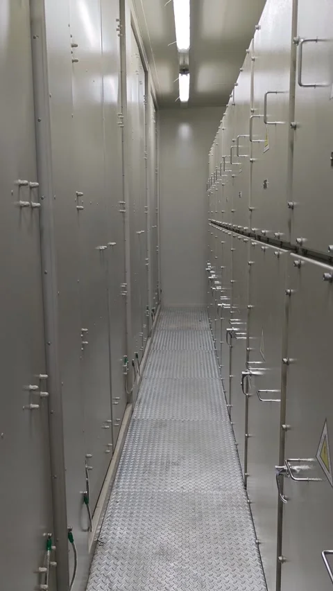 Slow pan right video of a narrow corridor behind medium voltage switchgear . Stock Footage 338298474