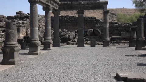 Slow Pan By Ruins of Temple to Blue Sky Above Stock Footage 78547864