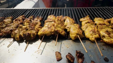 Slow pan shot of row of chicken on large open flame grill Stock Footage 239117649