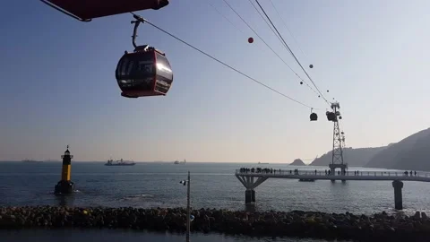 Slow Pan of Songdo Beach and Cable Car at Busan, South Korea Stock Footage