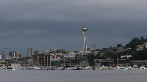 Slow Pan from Space Needle to Downtown Seattle Stock Footage 114438796