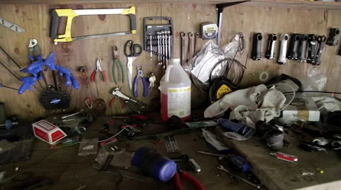Slow pan of wooden workbench Stock Footage 67337209