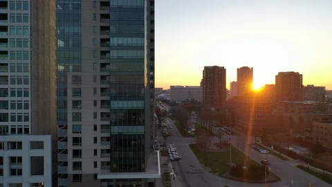 Slow panning drone shot, close to the buildings of Downtown Milwaukee Stock Footage 114365988