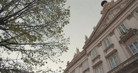 Slow Panning shot of Classicist Palace with birds Flying in Lockdown Bratislava Stockbeeldmateriaal 146366415