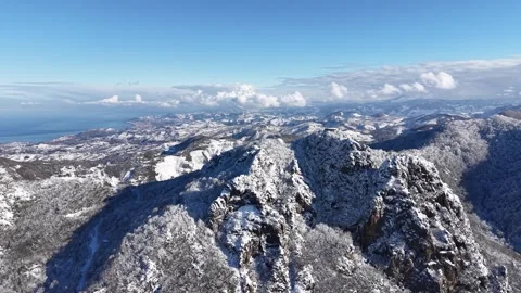 Slow Panoramic Drone View Revealed Blue Sea Next to Snow Covered Mountain Stock Footage 335149223