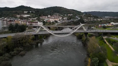Slow parallax around Millennium Bridge Miño River in Ourense, Galicia, Stock Footage 259616907