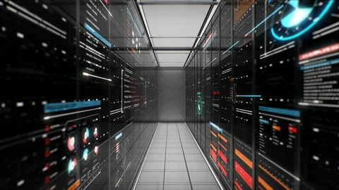 Slow penning view, Data cloud server room with various UI, 4k animation Stock Footage 99333664