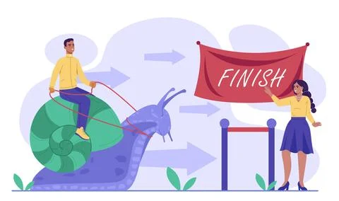 Slow progress concept. Man on snail rides to finish line. Challenge, obstacles Stock Illustration