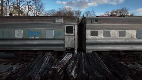 Slow pull back to reveal old train box cars from Empire State Express 1941 Video stock 228360261