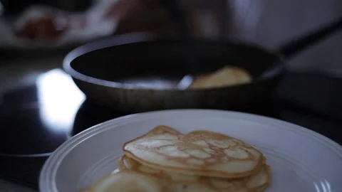 Slow Pull to Reveal Pancake Breakfast Cooking Stock Footage