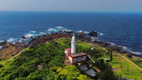 Slow Pullback from Nojimazaki Lighthouse, Chiba Rocky Coast Video stock 342266229