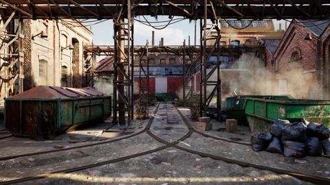 Slow Push Along Rail Tracks Through Abandoned Industrial Factory Yard Stock Footage 342109433