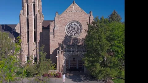 Slow push-in drone shot of the Cathedral of the Rockies in Boise, Idaho. Stock Footage 339503548