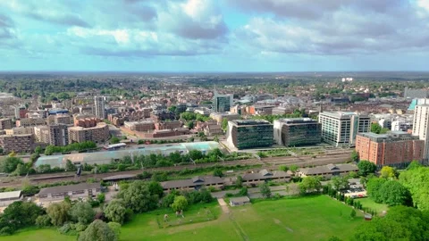 Slow Push-in Establishing Aerial shot of British Town, Reading, Berkshire Stock Footage 310132061
