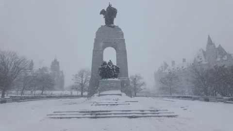 Slow push in of National War Memorial During Blizzard Stock Footage 325784026