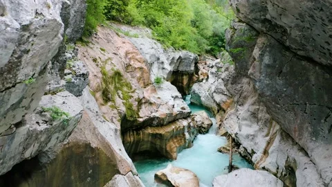 Slow Push Out Shot Of Famous, Unique Soča Gorge With Soča River Floating. Stock Footage 231202249