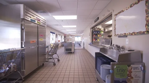 Slow Push Through Empty School Cafeteria Anonymous Lunch Lady Preps Food Stock Footage 88013544