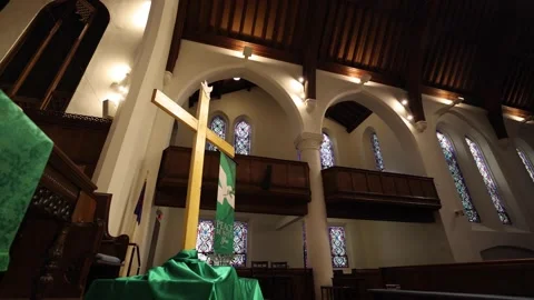 Slow Push Toward Cross Inside Church Low Angle Vídeo Stock 147544821