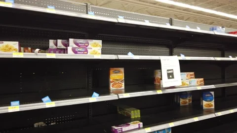 Slow Right To Left Panorama Of Empty Food Shelves During Food Shortage Crisi Stock Footage 154774958
