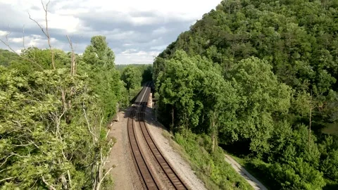 Slow Rise over 2 train tracks on a windy day Stock Footage 275580062