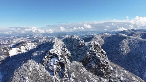 Slow Rising Drone Flight Over Winter Mountain Top Under Clear Blue Sky Stock Footage 335148402