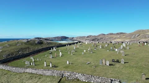 Slow Rising Drone Shot Over Oldshoremore Cemetery And Beach, Scotland Stock Footage 289345530