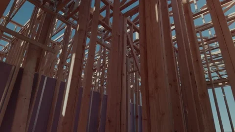 Slow Rotating Pan Through Wooden House Framing Structure Stock Footage 334577896