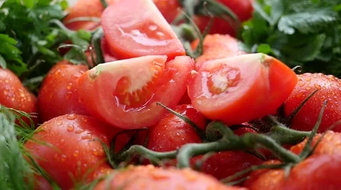 Slow Rotation of Sliced Tomatoes Stock Footage 55493608