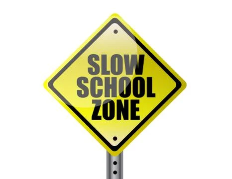 Slow school zone yellow warning street sign over white background. Ilustração Stock