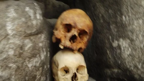 Slow shutter effect smooth camera movement, two human skulls lie in the stones Video stock 251519160