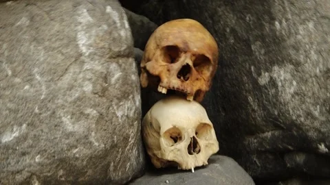 Slow shutter effect smooth camera movement, two human skulls lie in the stones Video stock 251519161