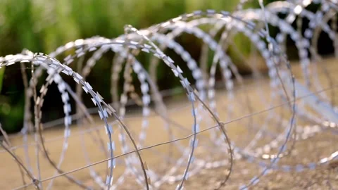 Slow Side Pan Across Repeating Razor Wire Loops and Tension Lines Stock-Footage 344121860